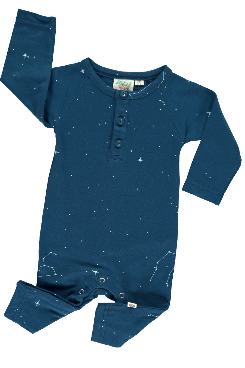 Baby long sleeve jumpsuit in navy blue and constallations print