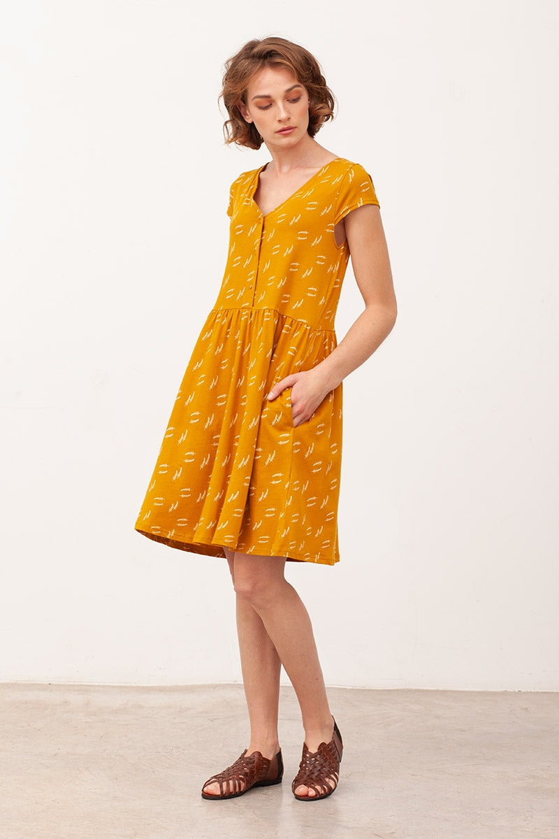 BELINDA's bow neckline dress in mustard