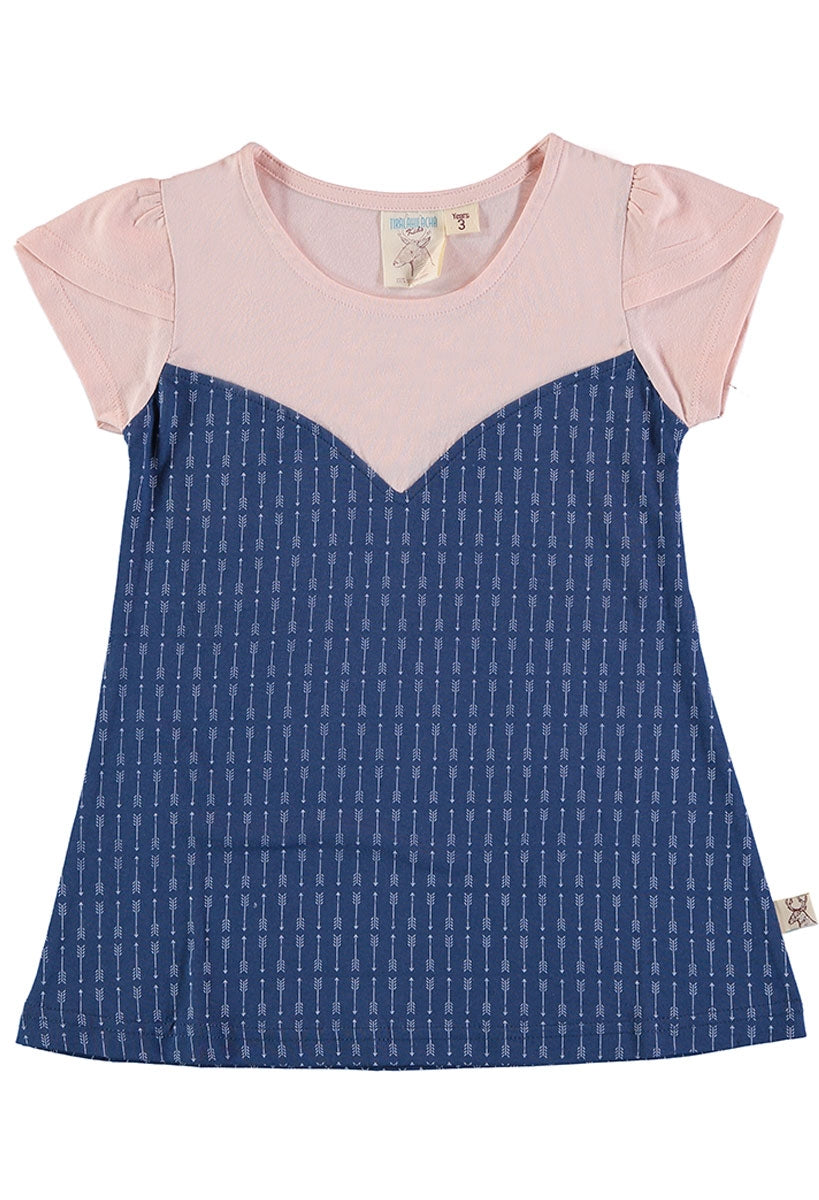 Blue flared dress with arrow print