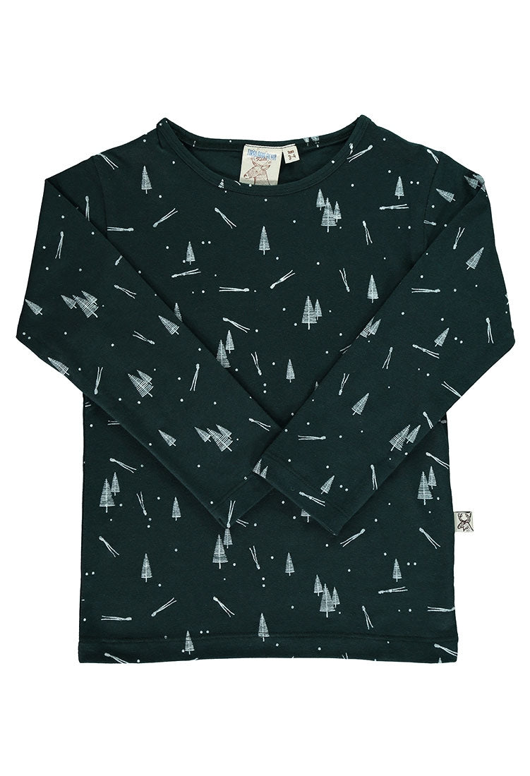 Camiseta manga larga verde con estampado de pinos