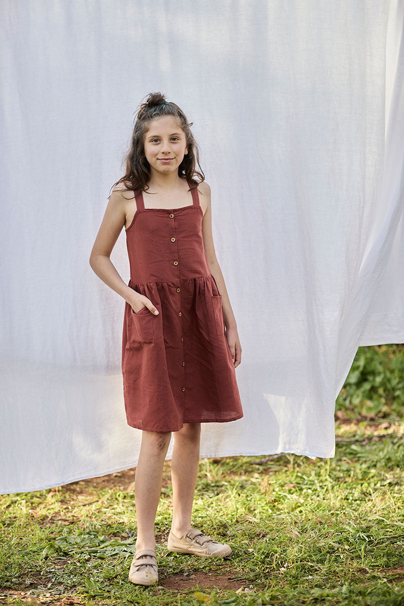 Cross Back Dress in Organic Cotton and Linen Red Rooibos