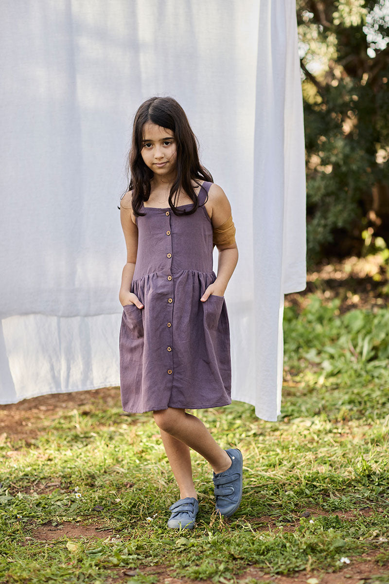 Cross Back Dress in purple made with linen and Organic Cotton