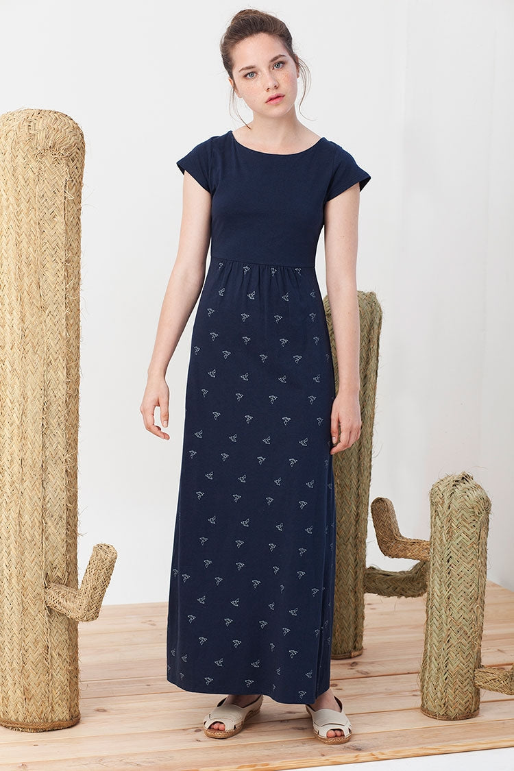 Irene Maxi dress in navy blue with origami print.