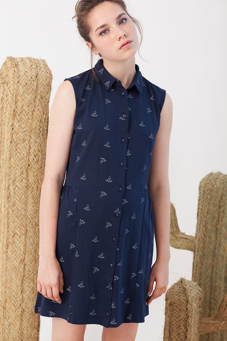 Iris shirt dress in navy blue and origami print.