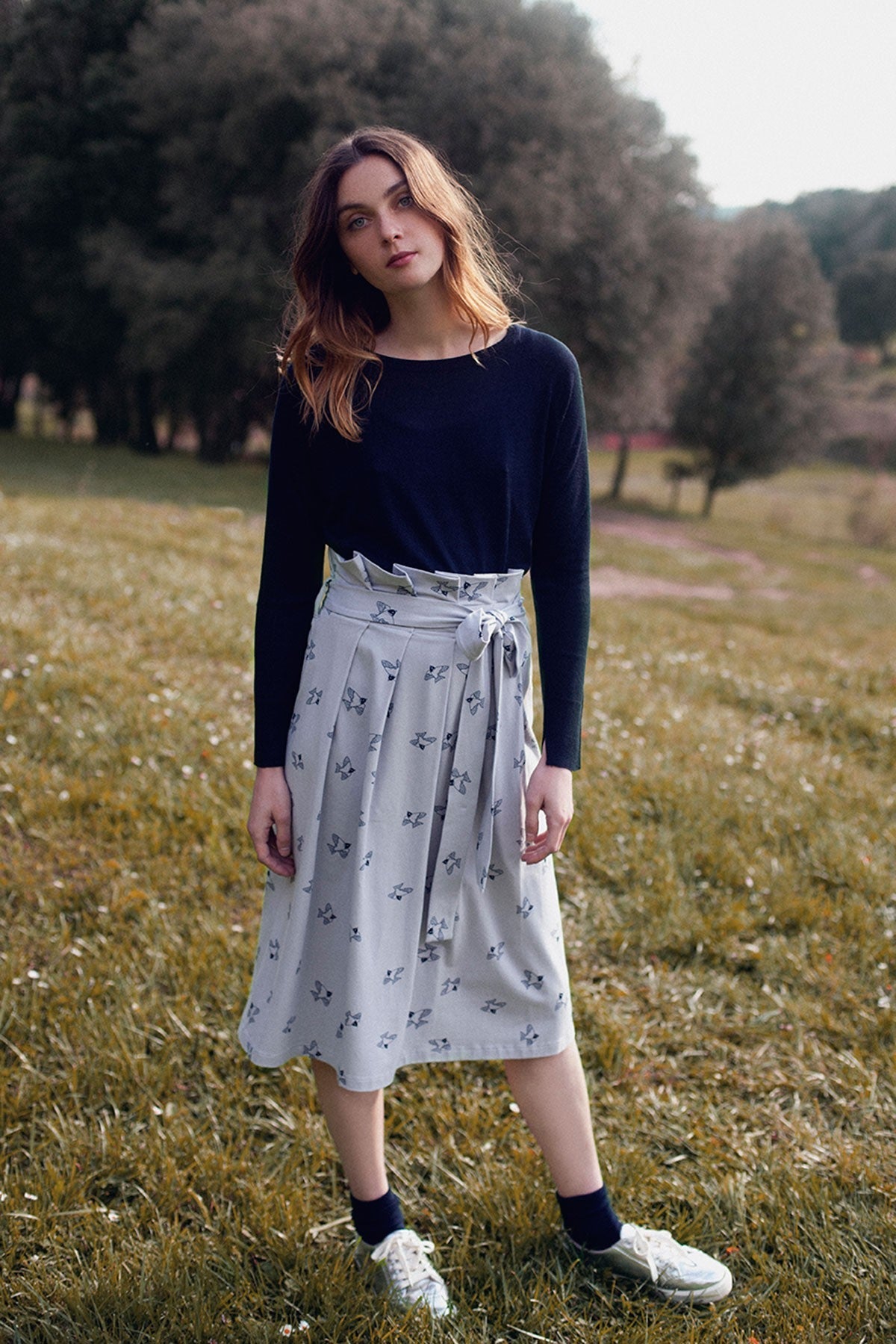 Lamar Grey Bird Print Plated Skirt