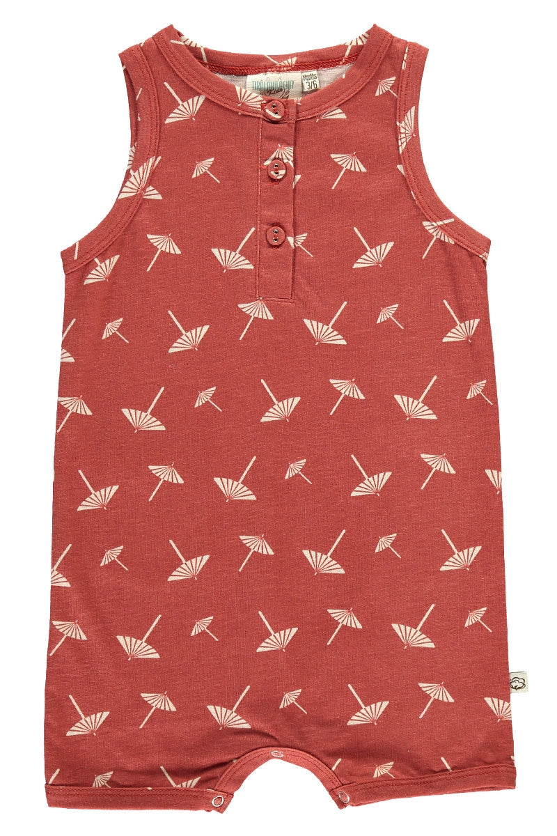 Organic baby jampsuit in terracotta and umbrella print