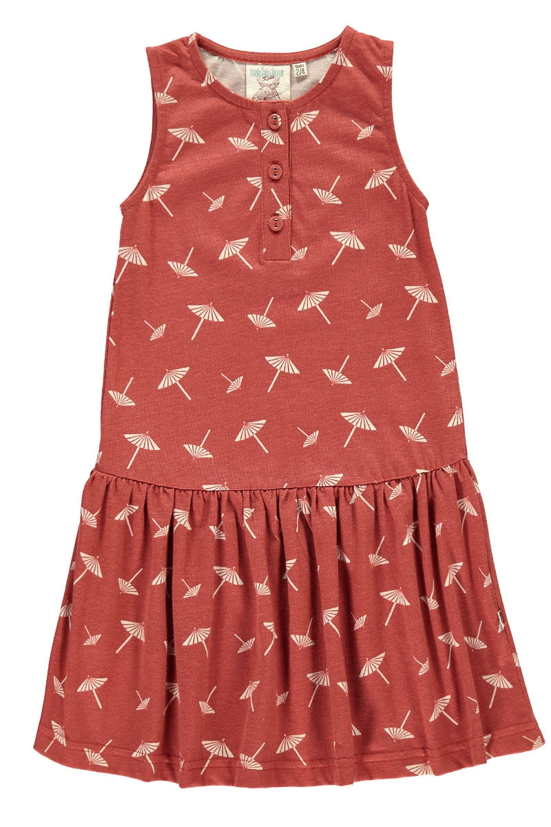 Organic charleston dress in terracotta and umbrella print