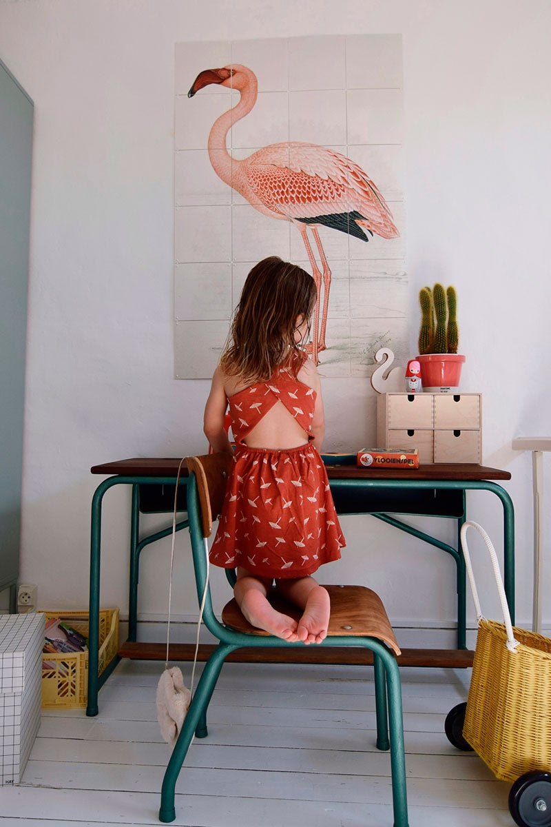 Organic cross back dress in terracotta and umbrella print