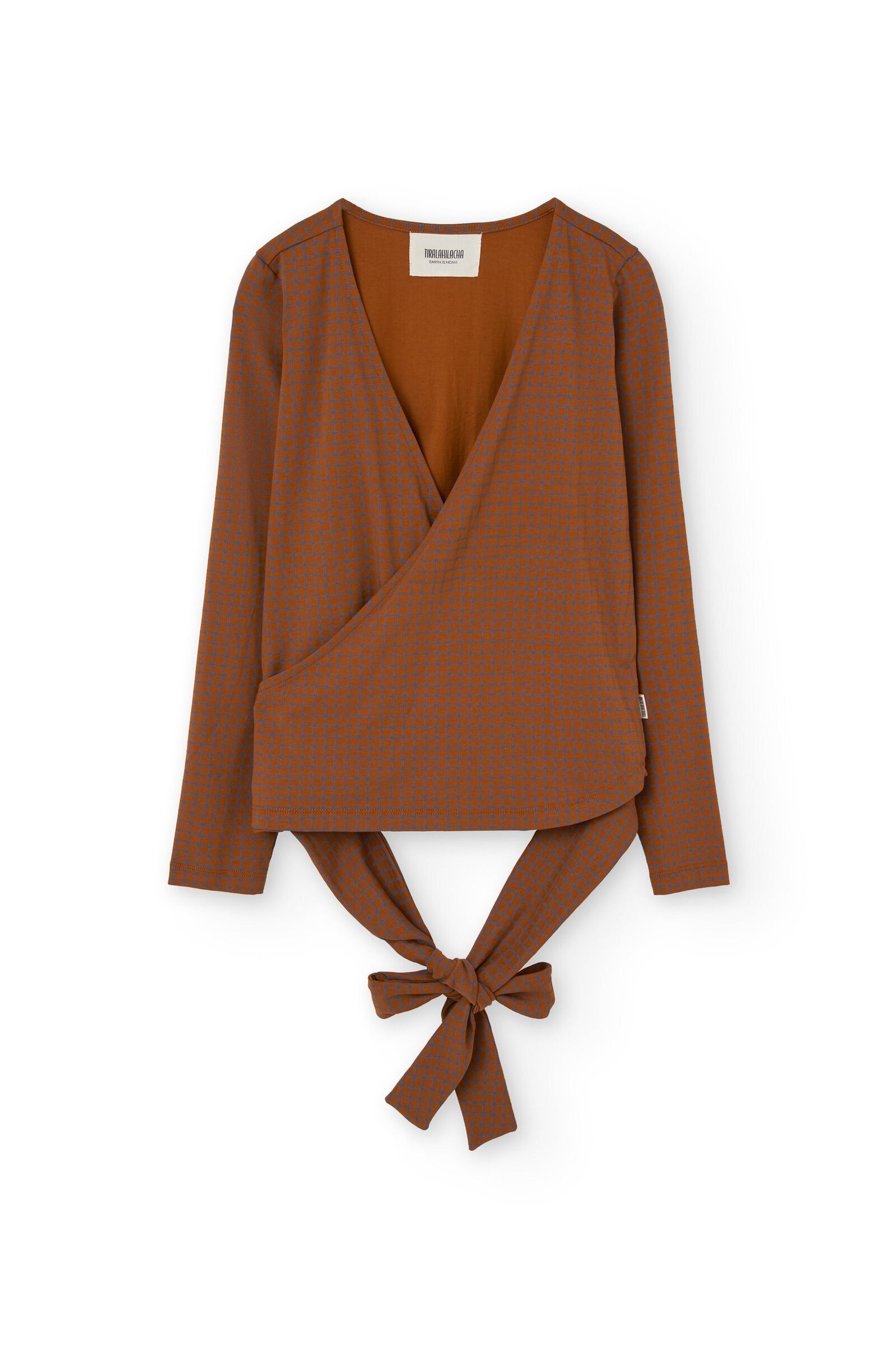 Organic jersey wrap top in Terracotta