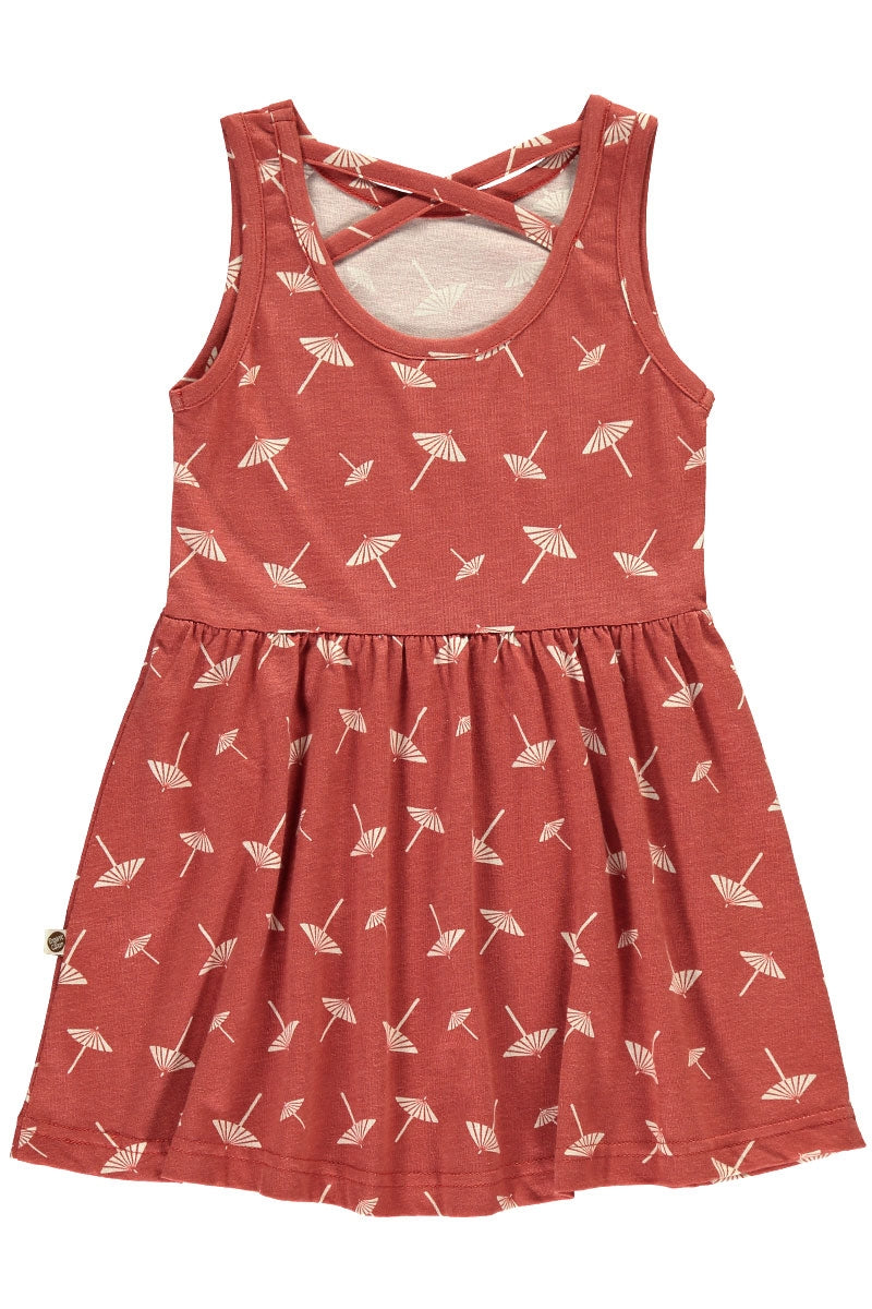 Organic Strapless dress in terracotta and umbrella print