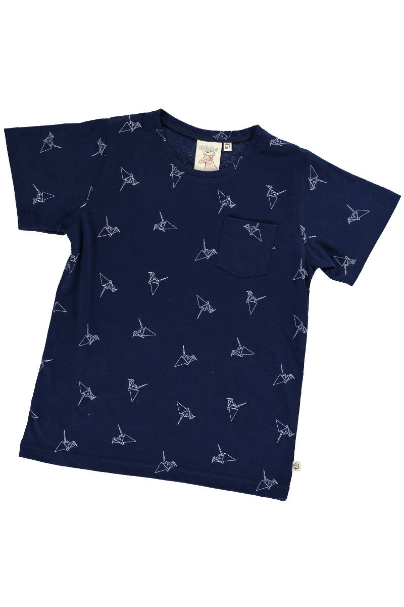 Organic unisex t-shirt in navy blue and origami print