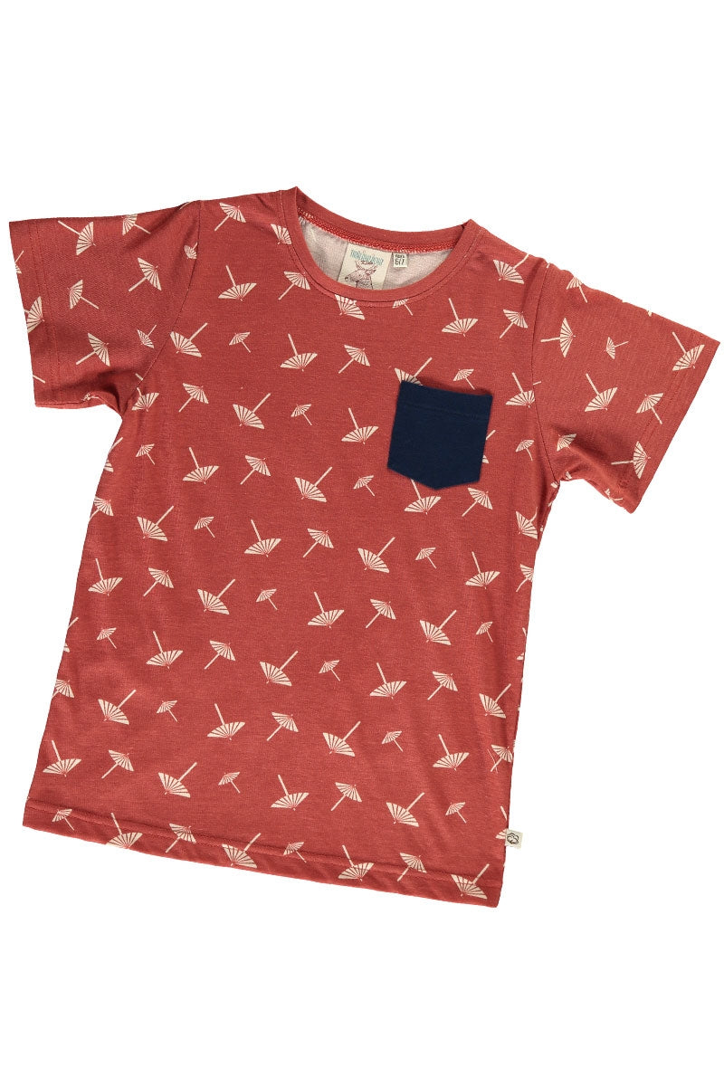 Organic unisex t-shirt in terracotta and umbrella