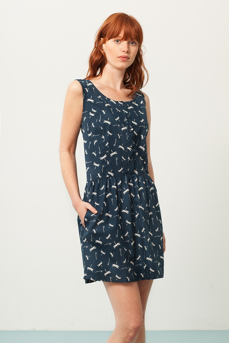 Padme back neckline dress in navy blue and dragonflies print