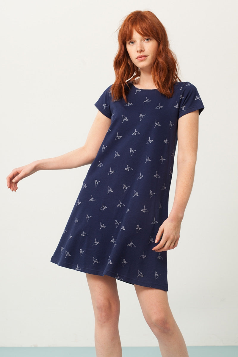 Paloma flared dress in navy blue and origami print