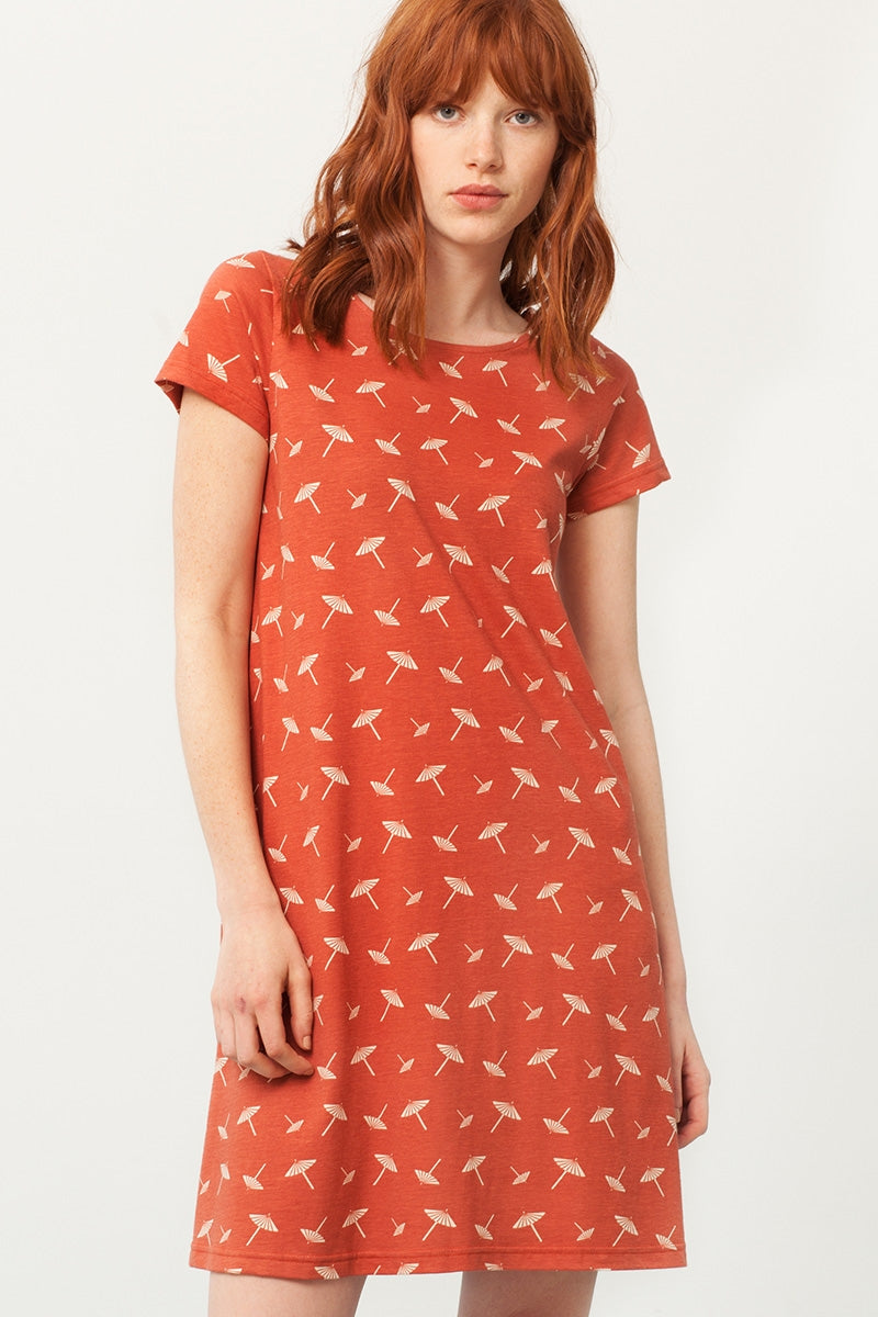 Paloma flared dress in terracotta and umbrella print