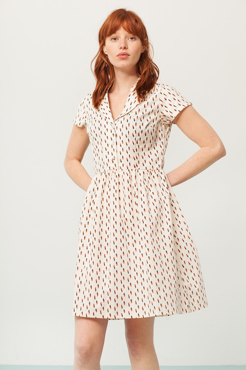 Pamela shirt collar dress in cream and abstract print