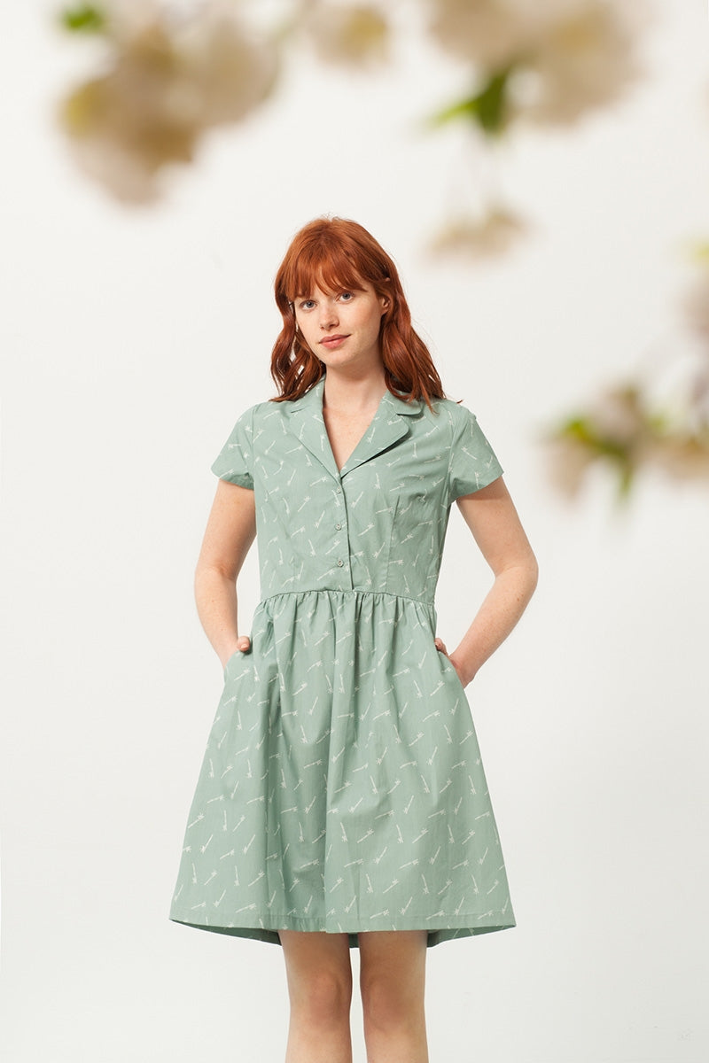 Pamela shirt collar dress in green and bambu print