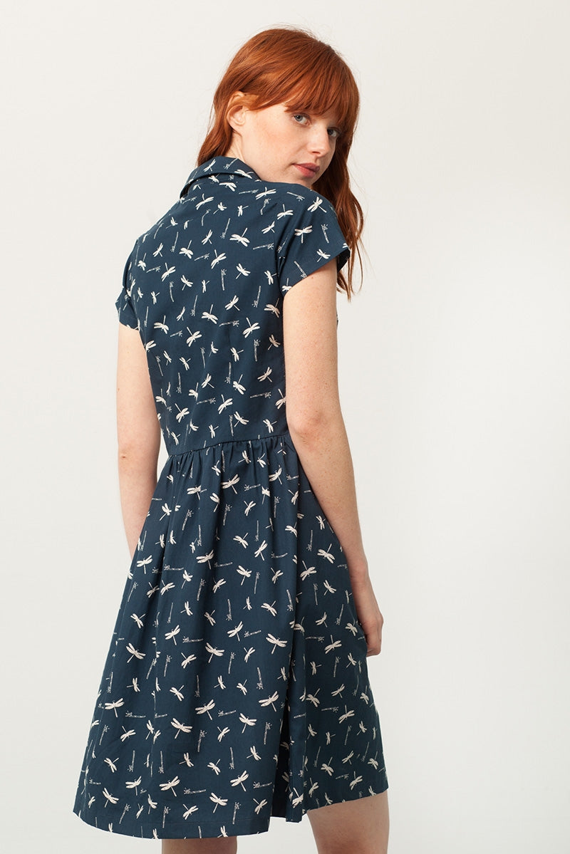 Pamela shirt collar dress in navy blue and dragonflies print