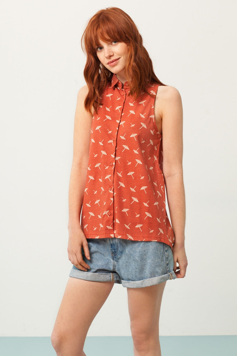 Patty shirt collar blouse in terracotta and umbrella print