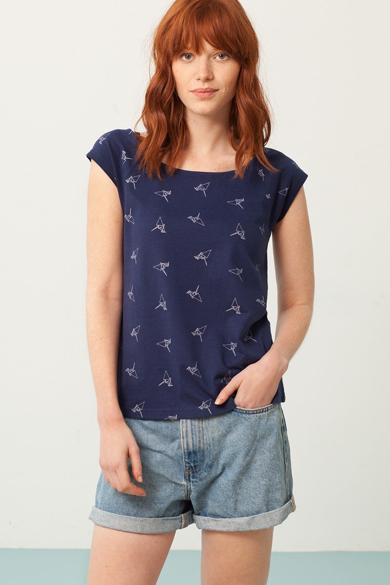 Paula rounded neck t-shirt in navy blue and origami print