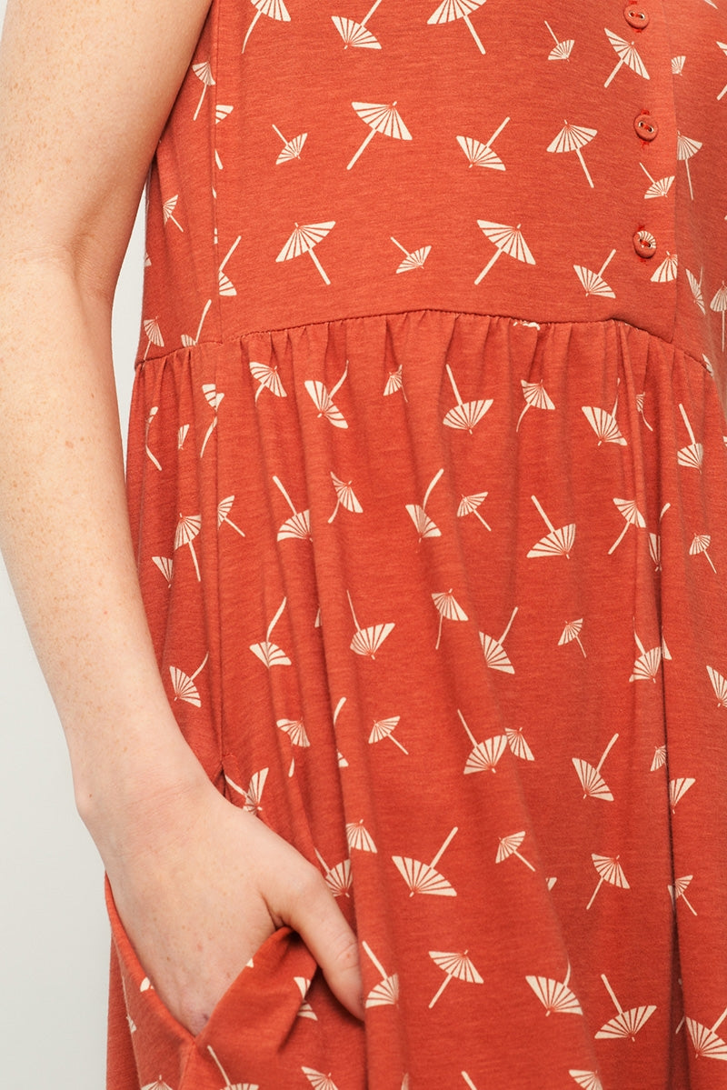 Paz cross back neckline dress in terracotta and umbrella print - Imagen 3