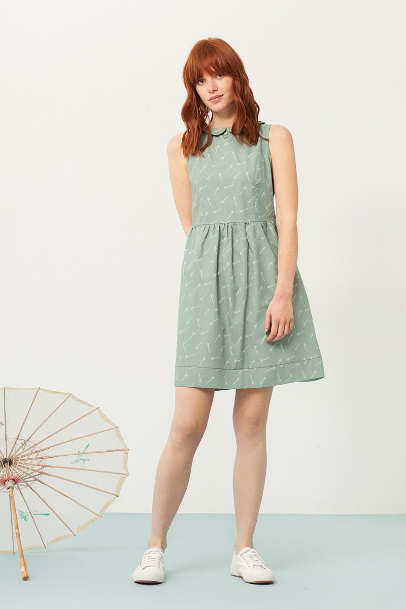 Pearle Peter Pan collar dress in green and bambu print