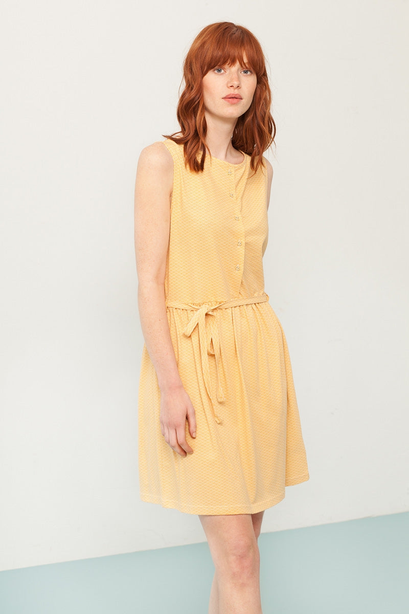 Petra belt dress in yellow and japanese fan print