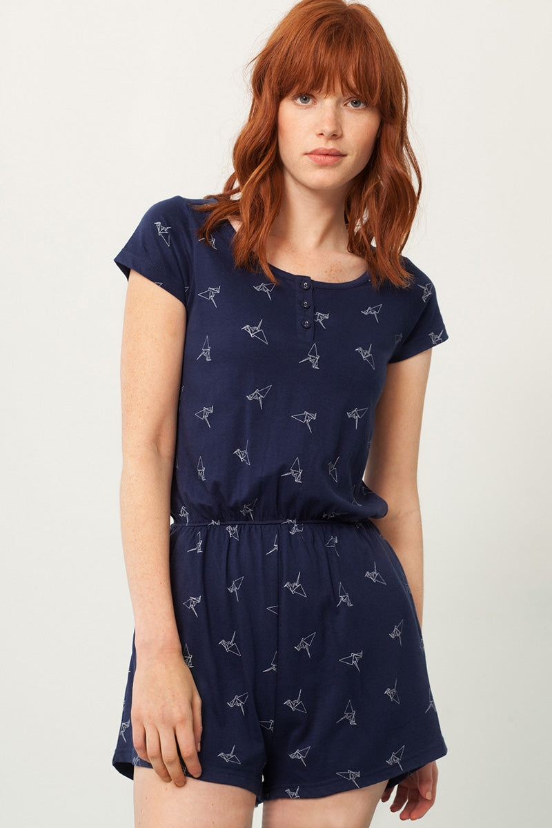 Pia jumpsuit in navy blue and origami print