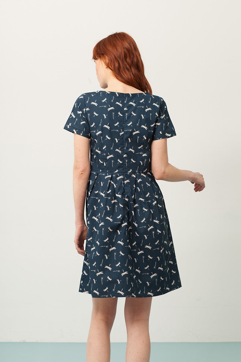 Piola short sleeve dress in navy blue and dragonflies print