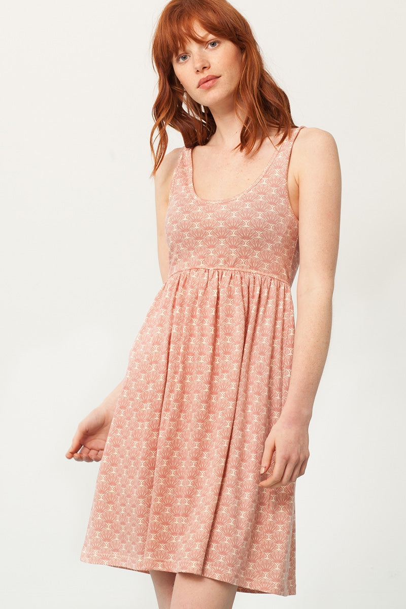 Pixi empire line dress in in salmon and japanese fan print