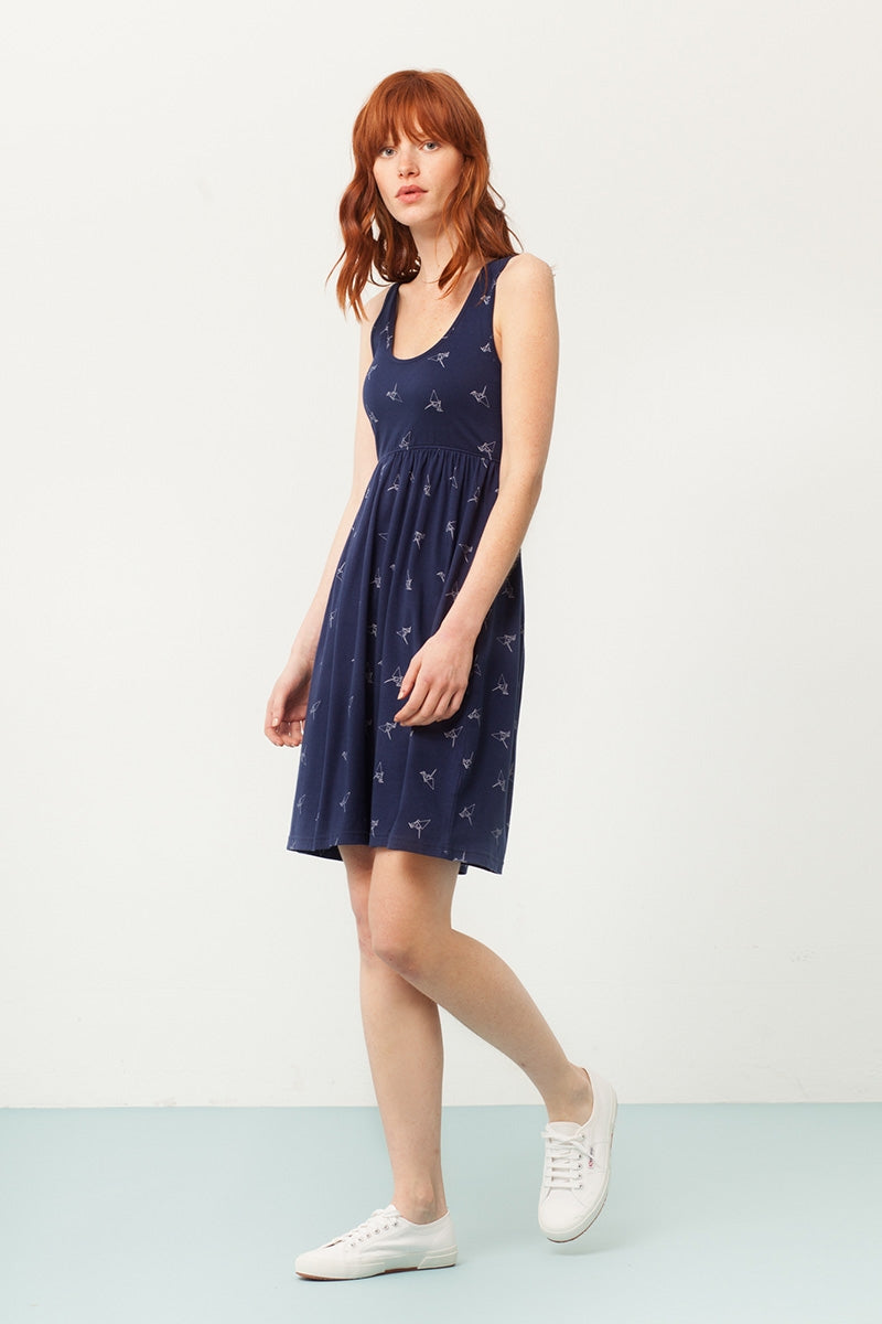 Pixi empire line dress in navy blue and origami print