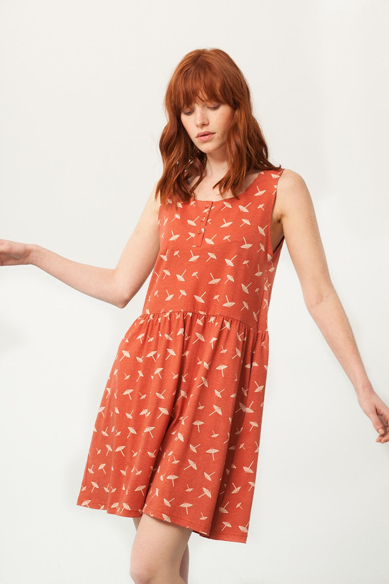 Priscila oversized dress in terracotta and umbrella print - Imagen 2