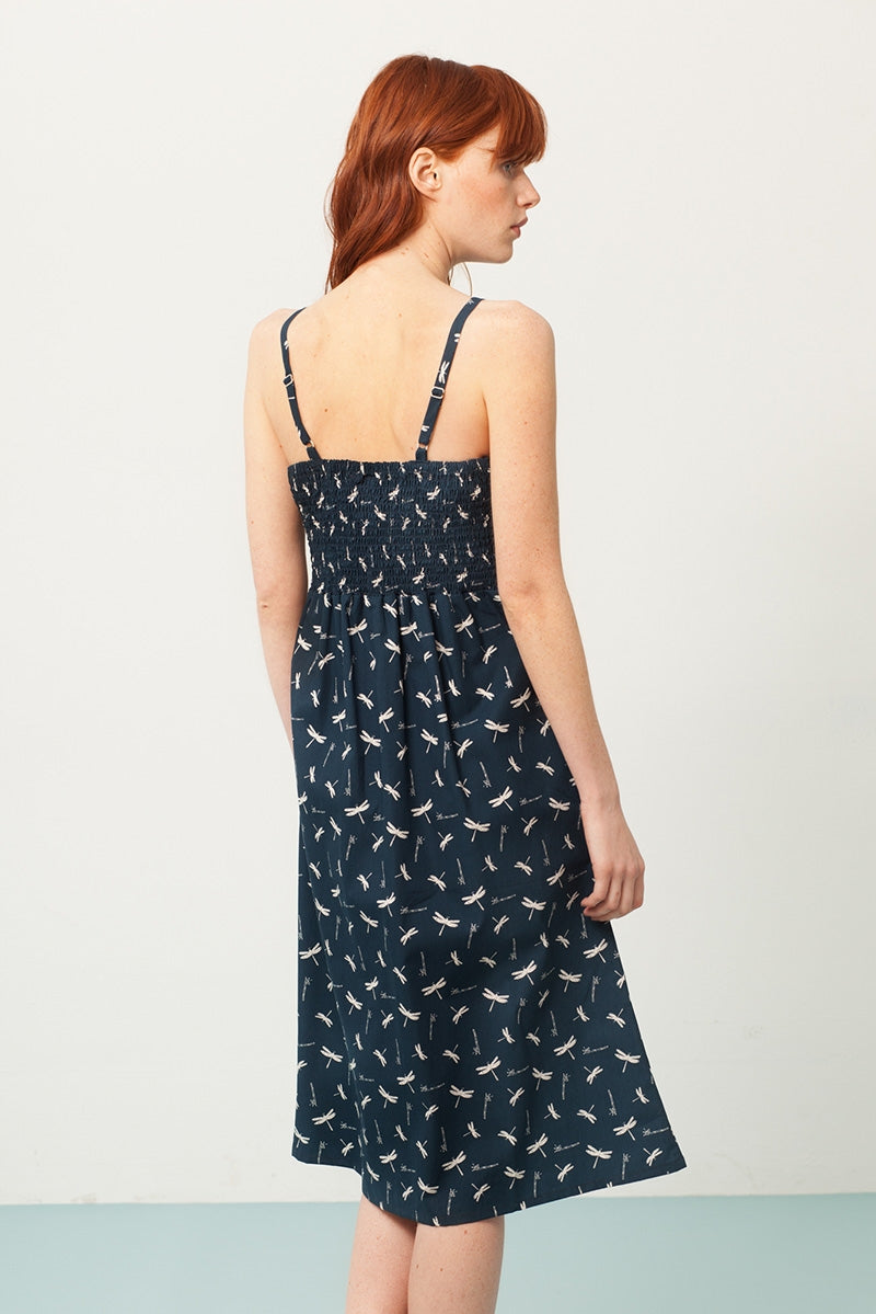 Prya strapless dress in navy blue and dragonflies print
