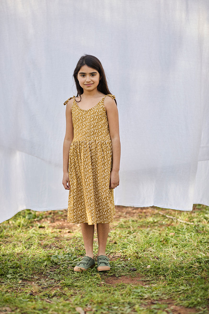 Strappy Tie Dress Ethnic in Mustard and Organic Cotton