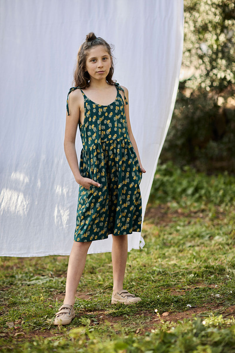 Strappy Tie Dress Footprints in blue-green and Organic Cotton