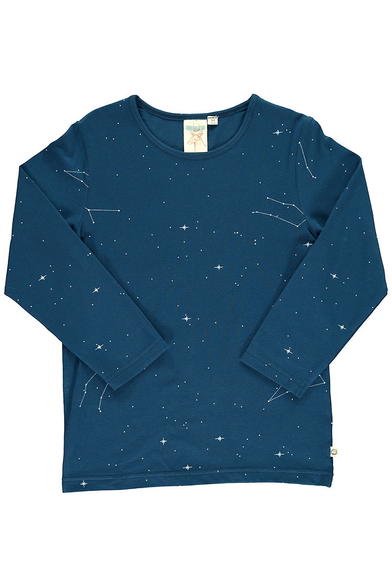 Unisex long sleeve t-shirt in navy blue and constallations print