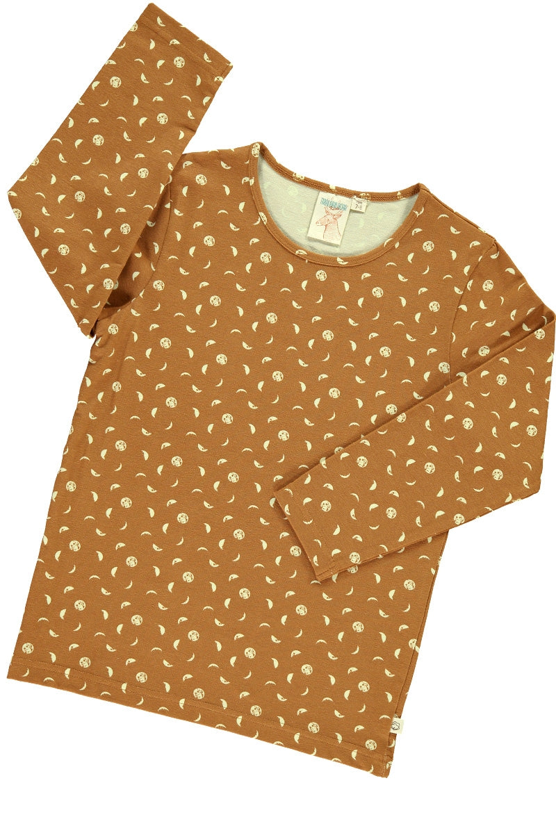 Unisex long sleeve t-shirt mustard and moon phases print