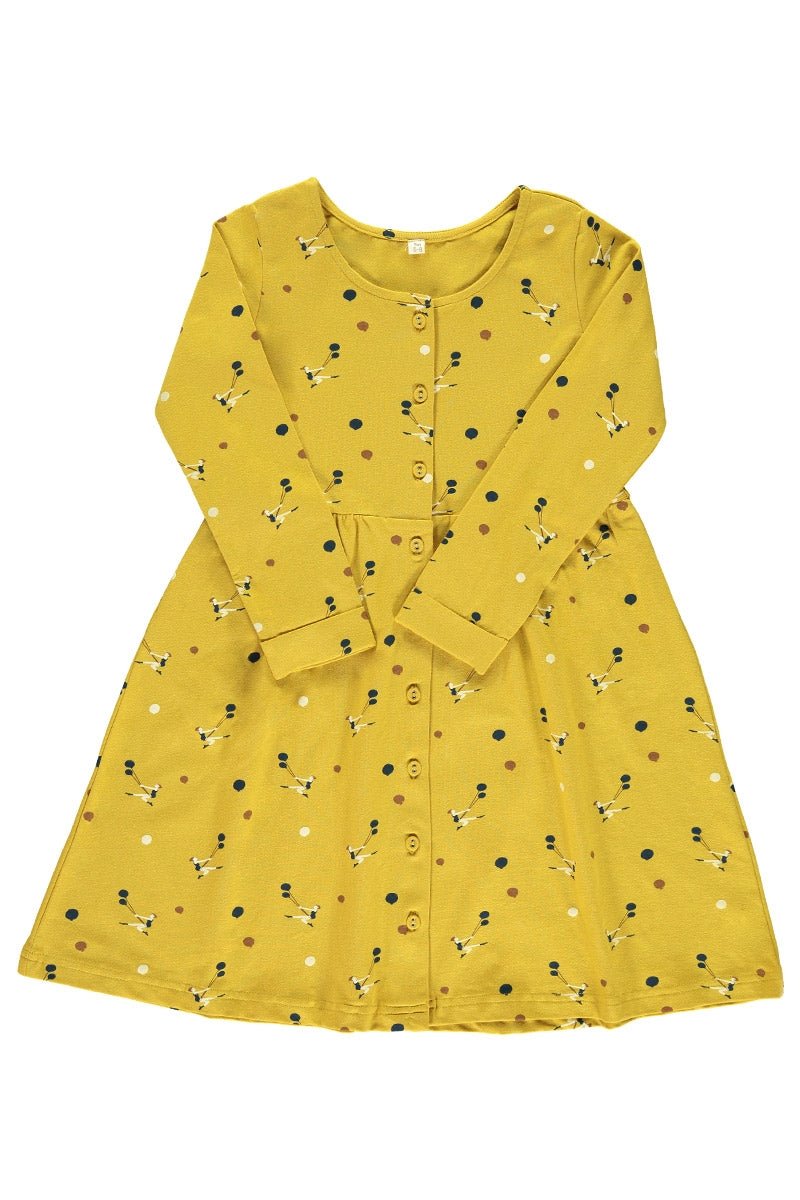 Vestido botones mostaza estampado trapecistas