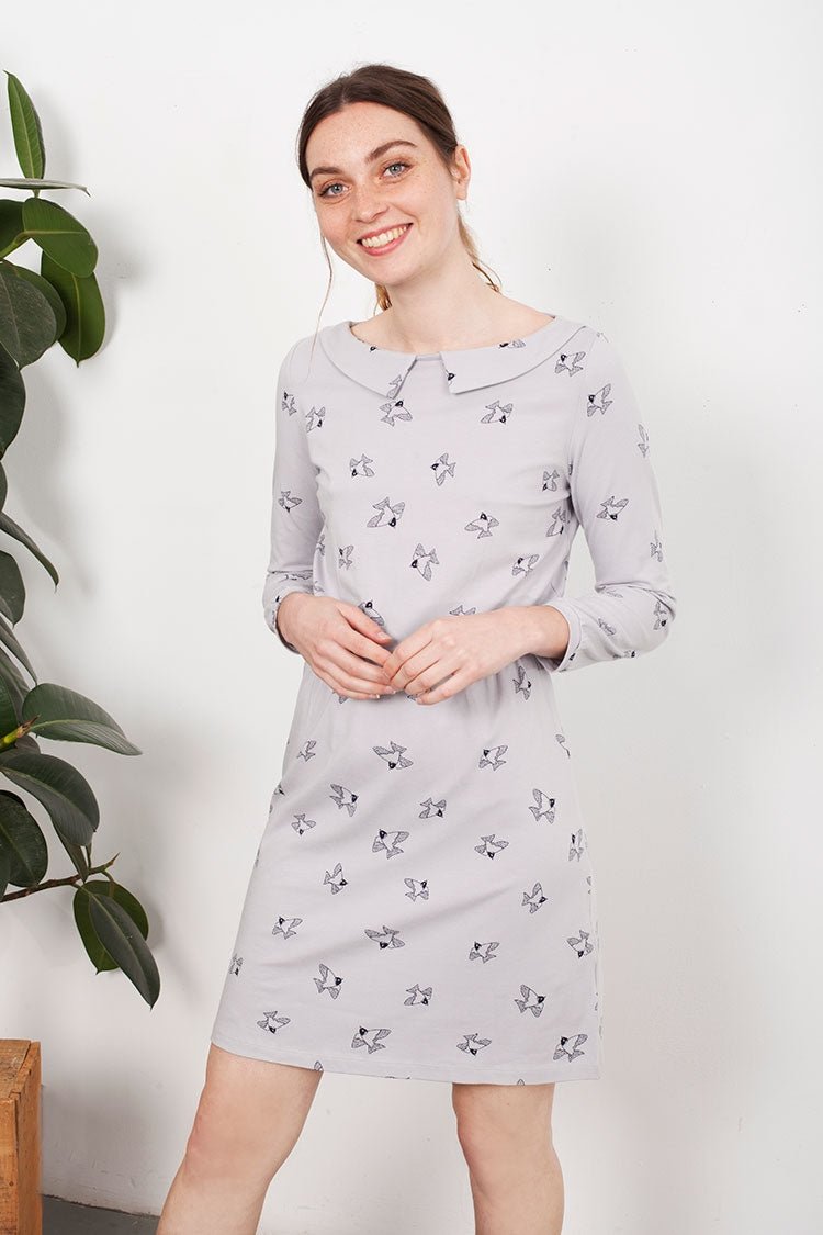 Vestido cuello solapa Leslie gris estampado