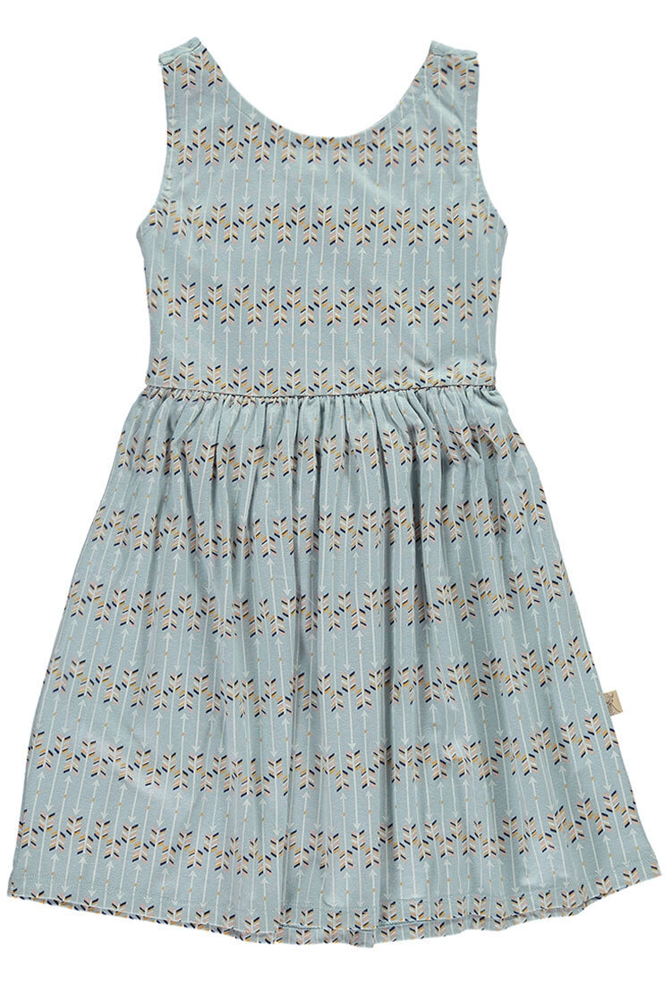 Vestido espalda cruzada azul con estampado flechas