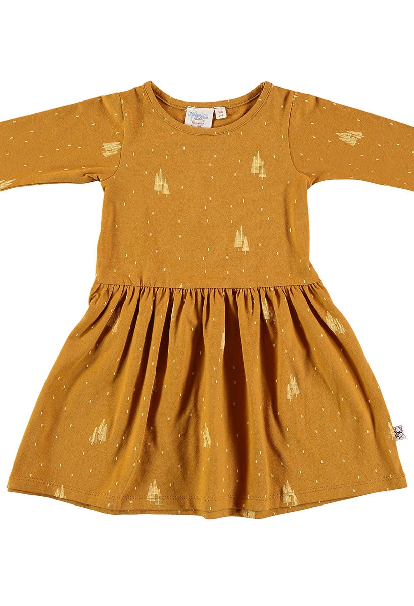 Vestido manga larga mostaza estampado de pinos