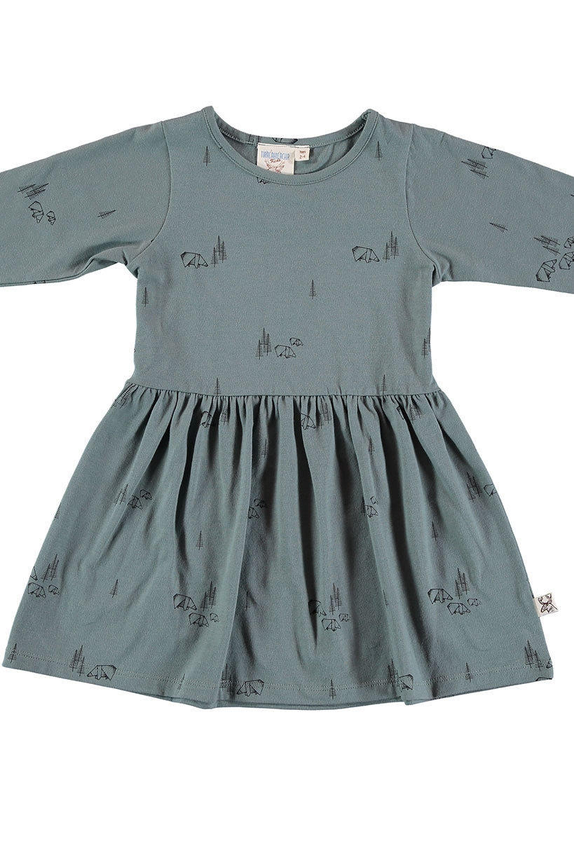 Vestido manga larga verde estampado origami